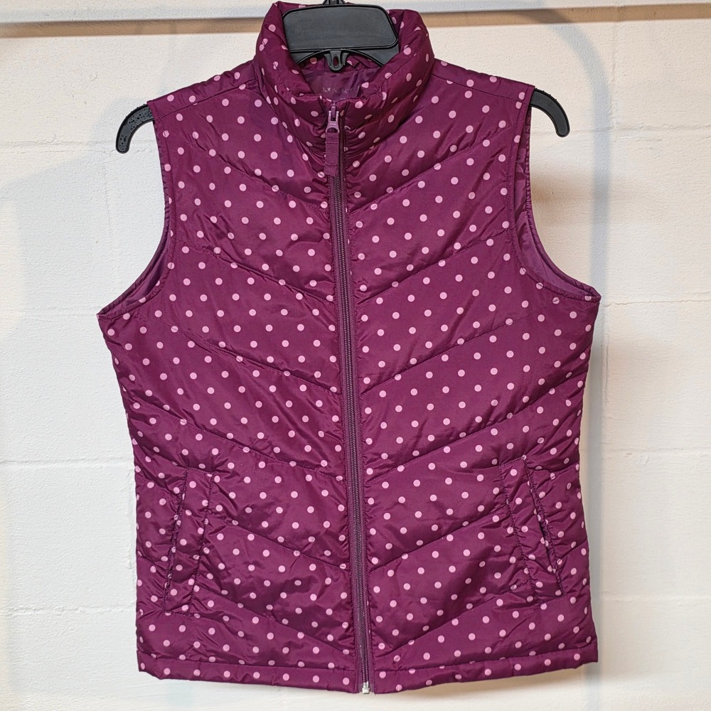 Lands End Womens Purple Polka Dot Down Puffer Vest Chevron Quilted‎ Size XS 2-4